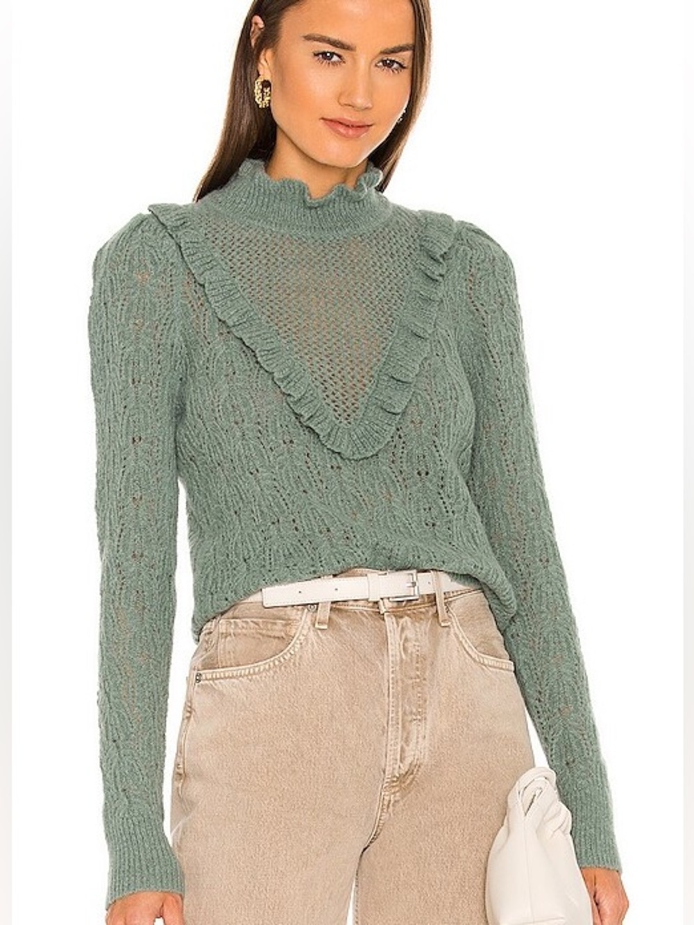 Veronica Beard Sorina Sweater Alpaca hiSage Green Ruffle Trim Lace Knit NWT S